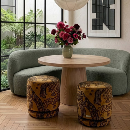 Modern dining room with opala home talismans' ONIX luxury handmade stools in dedar tiger mountain jacquard fabric
