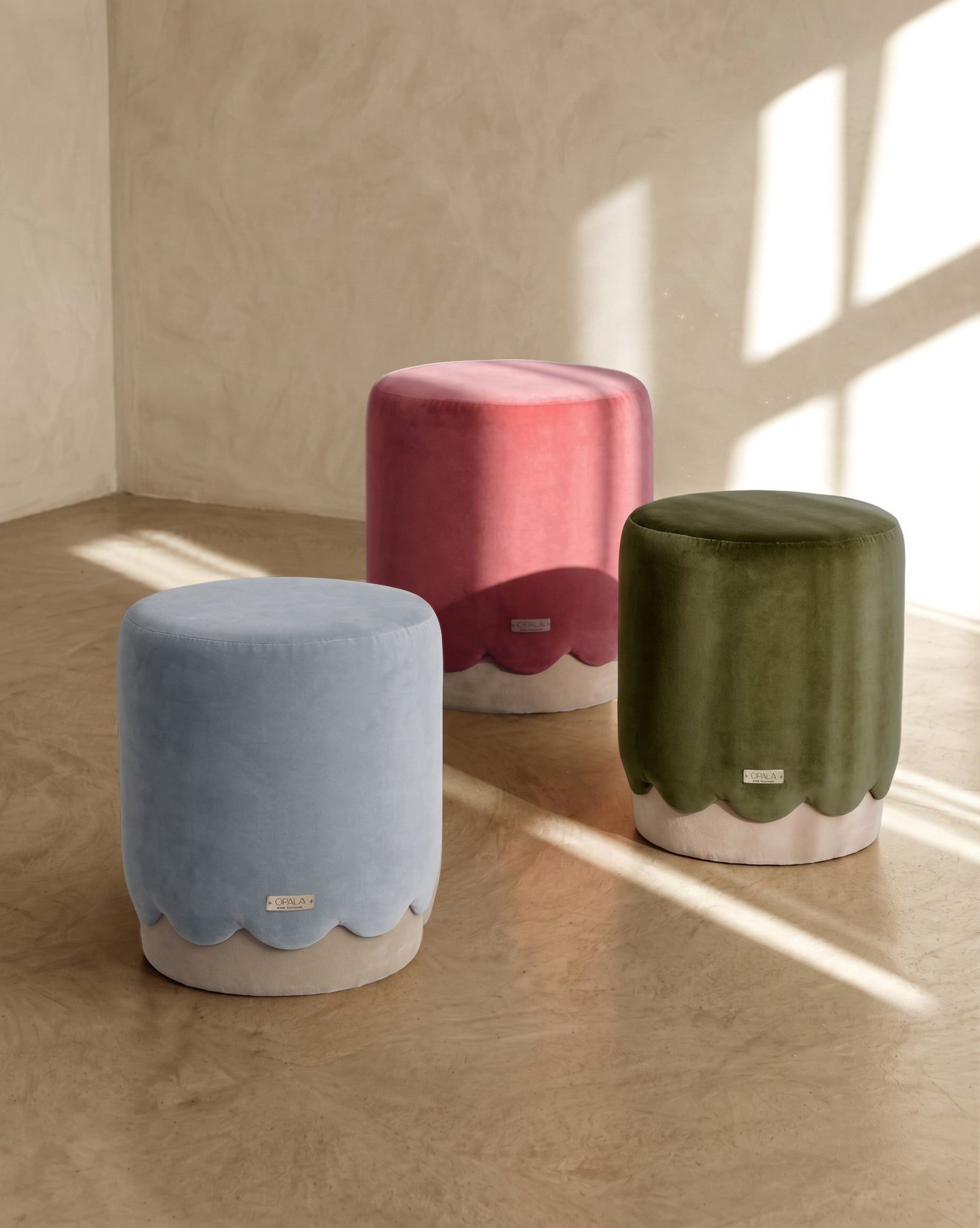 Opala scalloped organic modern pouf in cotton velvet upholstery by OPALA Home Talismans. OPALA Home Talismans makes handxmade luxury velvet cushions, stools and upholstered furniture for an exclusive home decor, made in Portugal with premium cotton velvet. Meet Opala custom-made cushions, unique and luxurious home decor accessories.