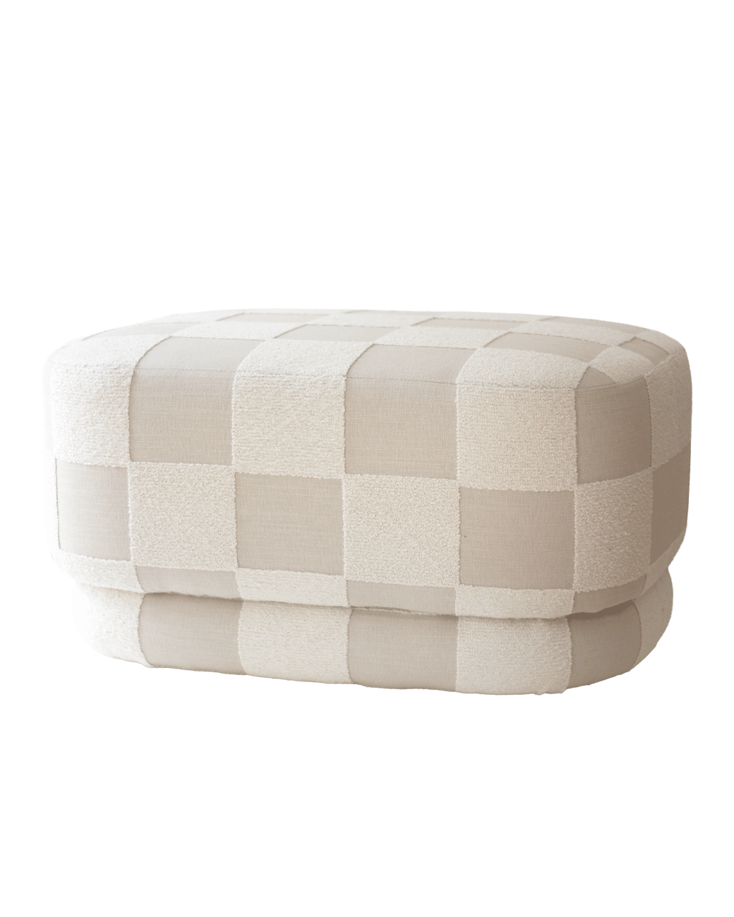 Large designer ottoman used as a coffee table, Onix pouf in geometric checkerboard upholstery by OPALA Home Talismans 