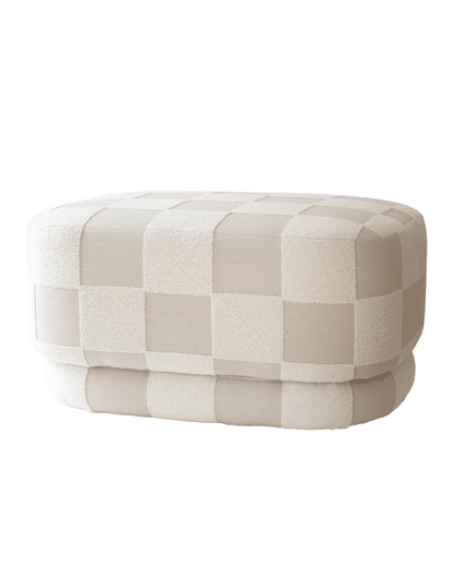 Large designer ottoman used as a coffee table, Onix pouf in geometric checkerboard upholstery by OPALA Home Talismans 