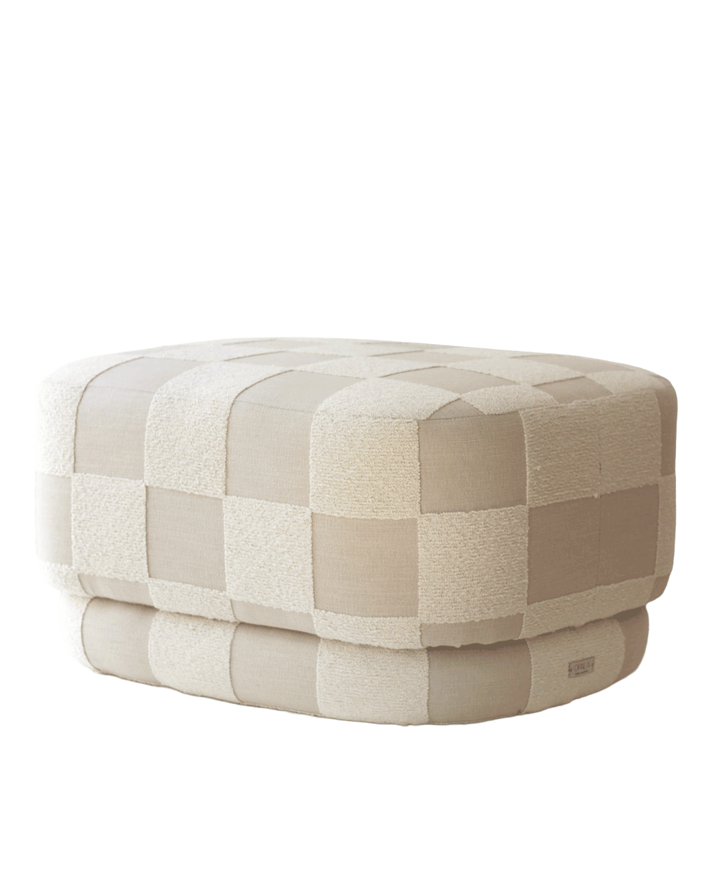 Large designer ottoman used as a coffee table, Onix pouf in geometric checkerboard upholstery by OPALA Home Talismans 