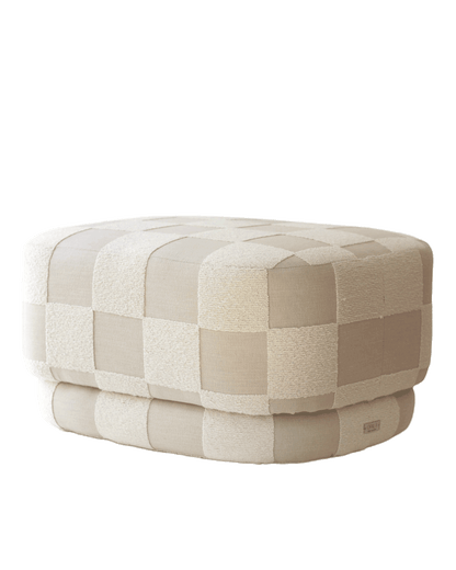 Large designer ottoman used as a coffee table, Onix pouf in geometric checkerboard upholstery by OPALA Home Talismans 