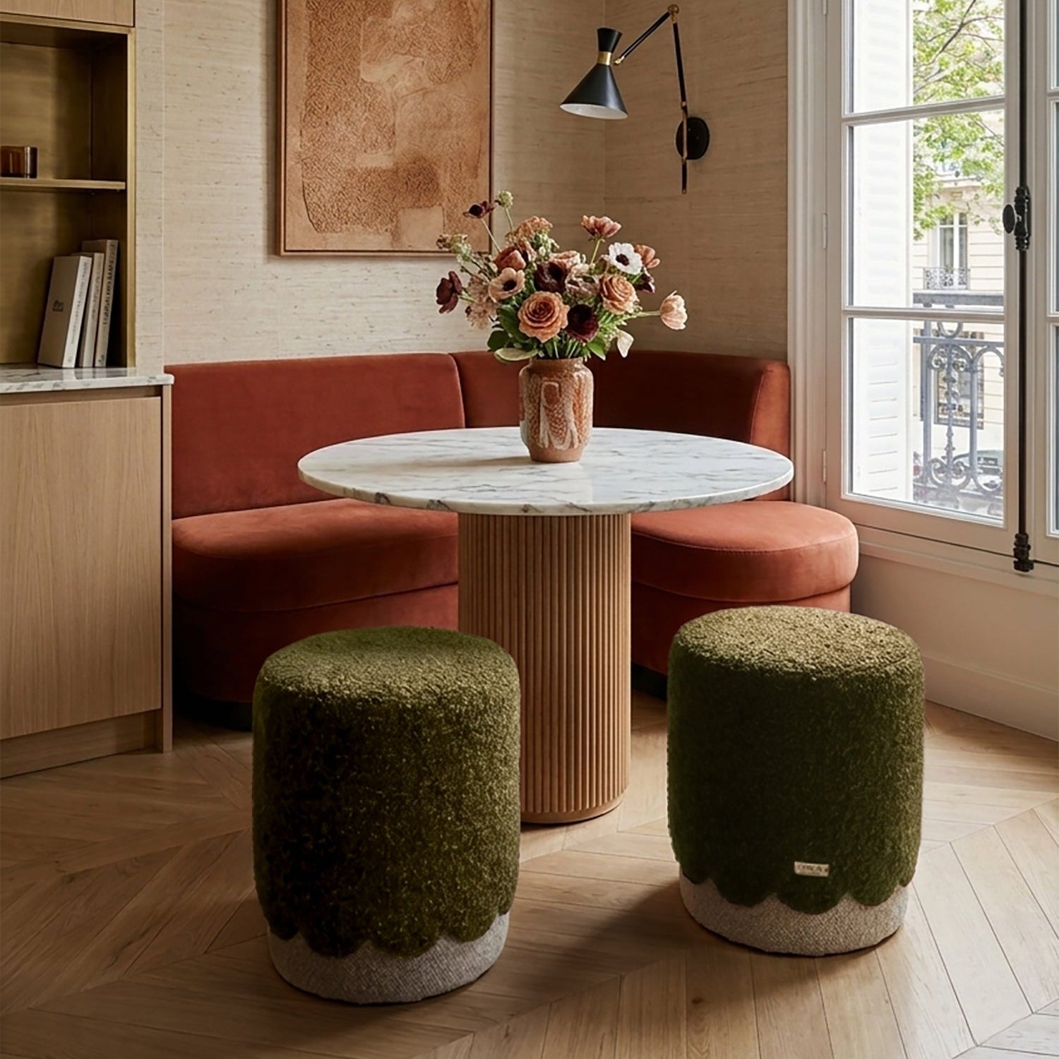 Opala scalloped organic modern pouf in boucle upholstery by OPALA Home Talismans. OPALA Home Talismans makes handmade luxury velvet cushions, stools and upholstered furniture for an exclusive home decor, made in Portugal with premium cotton velvet. Meet Opala custom-made cushions, unique and luxurious home decor accessories.